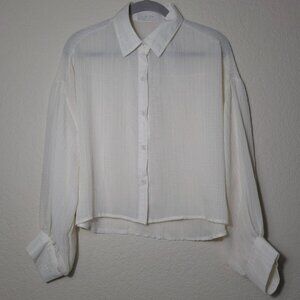 De Rêve Cream Sheer Striped Button Down Blouse